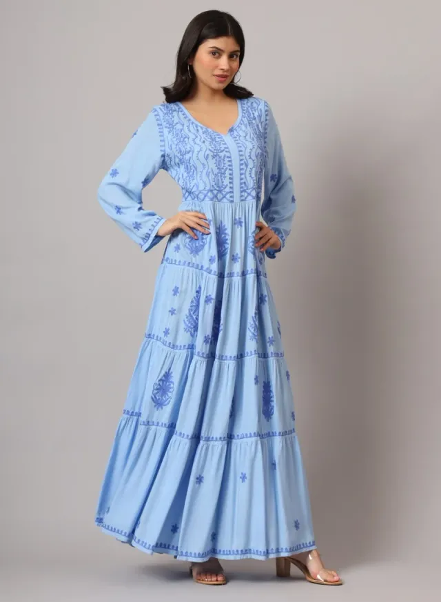 Turquoise Cotton Embroidered Jalabiya for Women - Plus Size – image 4