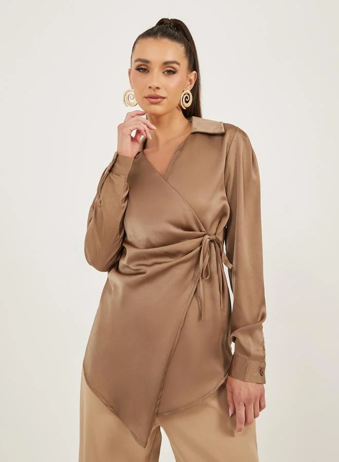 Satin Tie-Up Wrap Longline Top Brown