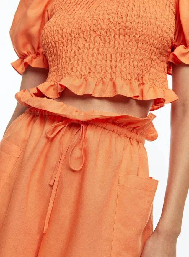 Orange Viscose Blend High-Waist Paperbag Shorts with Side Pockets – image 3