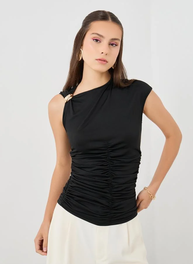 Take Two Sleeveless Asymmetric Neck Top Black