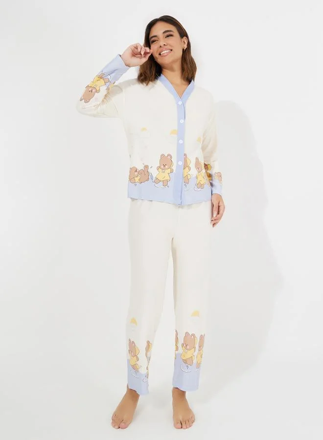 Bear Print Pajama Set Beige