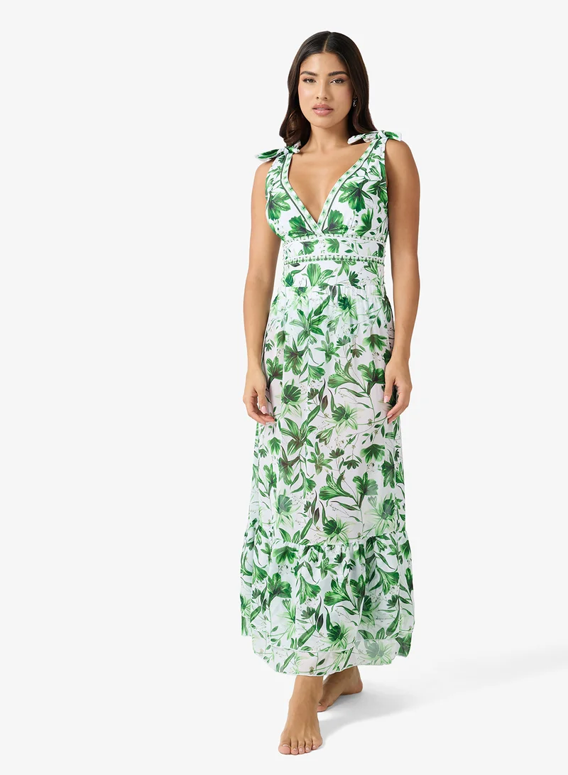 Printed Swimsuit & Skirt Set Green