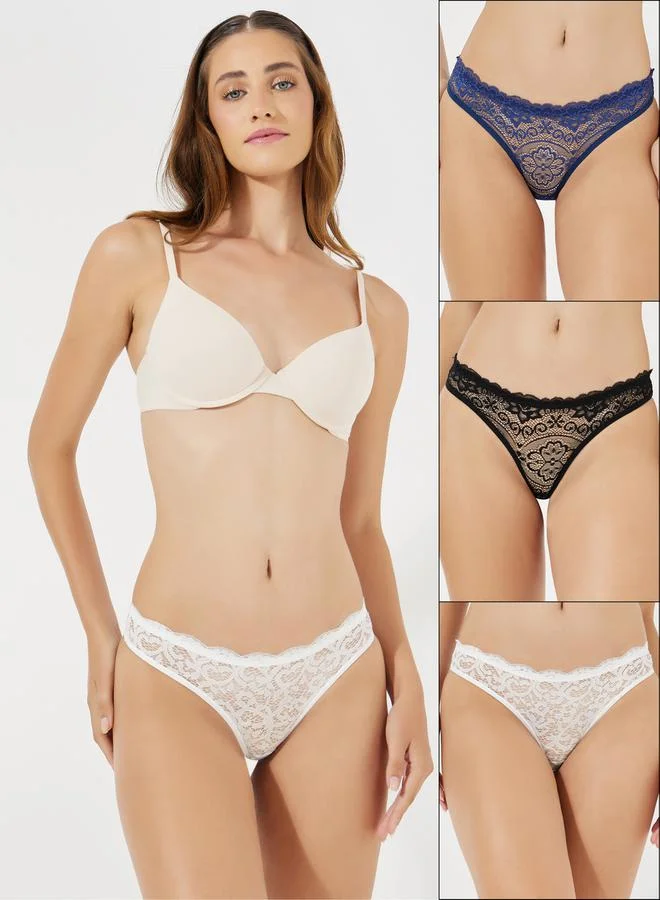 Styli 3-Pack Floral Lace Scalloped Thongs Beige