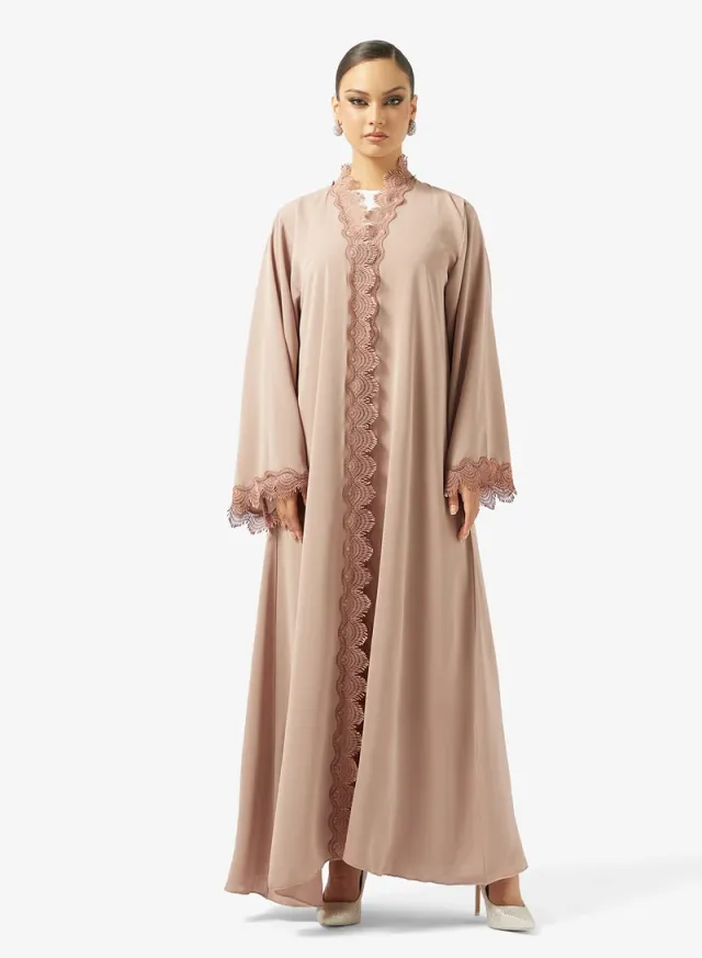 Beige Lace Detail Abaya with Sheila - Loose Fit, Long Sleeves – image 4