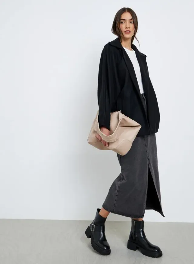 Black Oversized Button-Up Longline Coat for Women – image 2