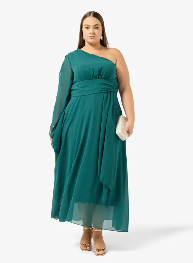 Ella Plus Teal Maxi One-Shoulder Shift Dress with Trail Sleeves – image 5
