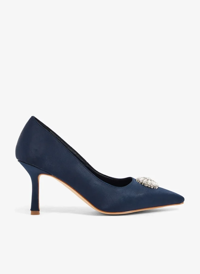 Crystal Embellished Satin Mid Heel Pumps Dark Blue