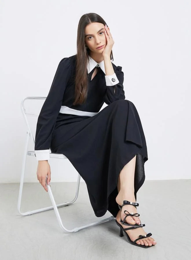 Contrast Collar Balloon Sleeve Maxi Dress Black