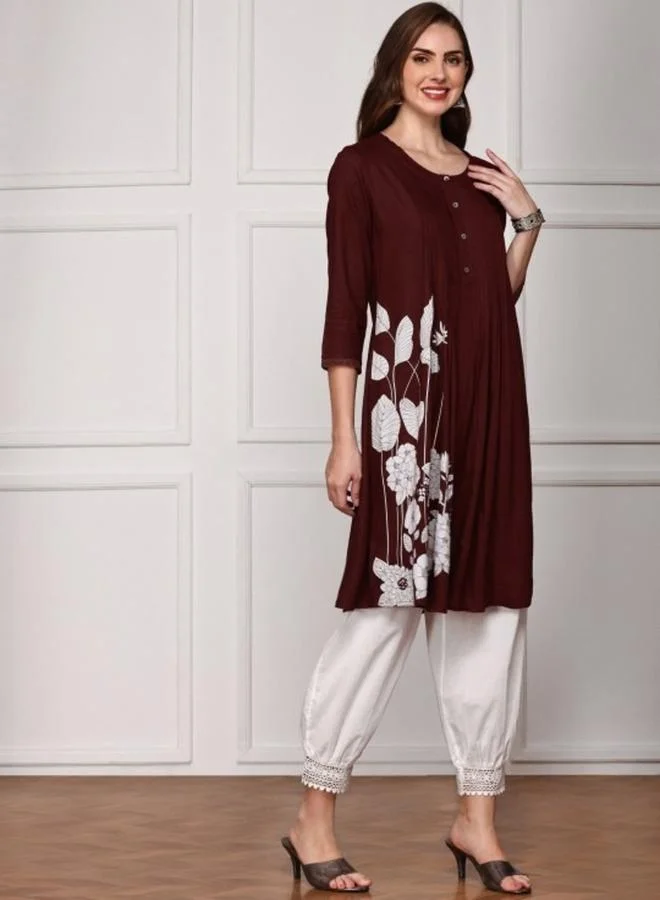 Women's Printed Rayon Straight Fit Kurta Deep Burgundy