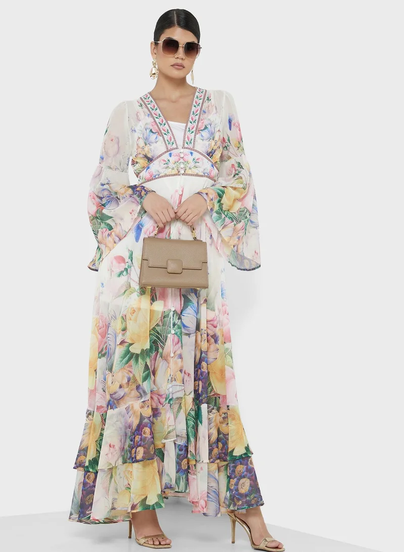 Floral Chiffon Maxi Dress Beige