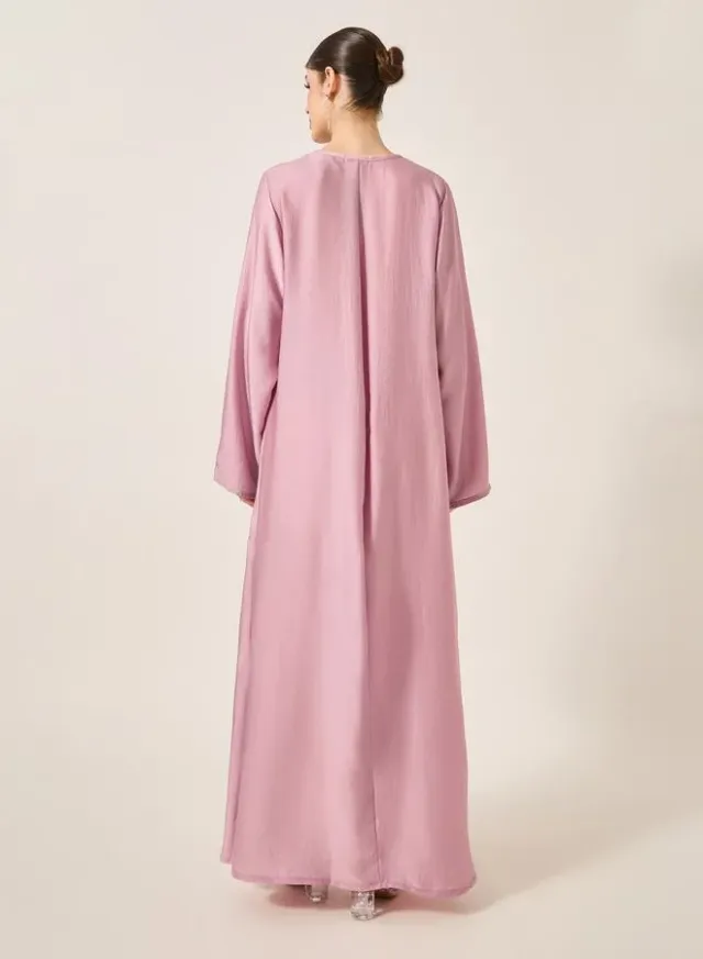 Pale Rose Satin Jalabyia with Lace Insert and Notch Neck – image 5