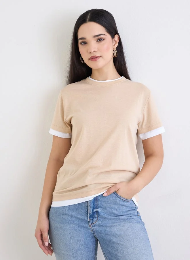 Styli Regular Fit Cotton Ringer T-Shirt Beige