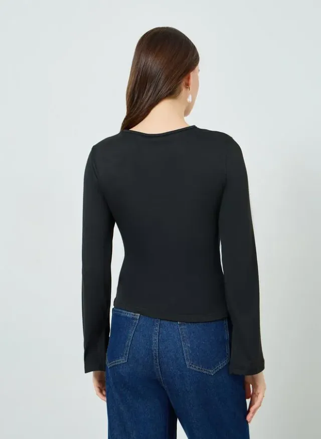 Women's Black Asymmetric Wrap Top with Button Detail – image 3