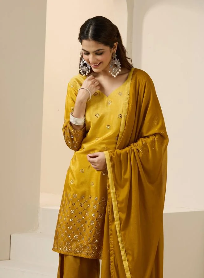 Women's Printed Poly Silk 3-Piece Kurta Set - Yellow