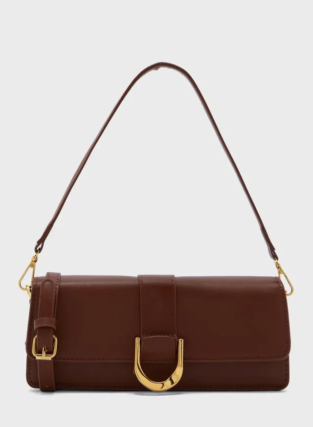 Buckle Detail Baguette Shoulder Bag Brown