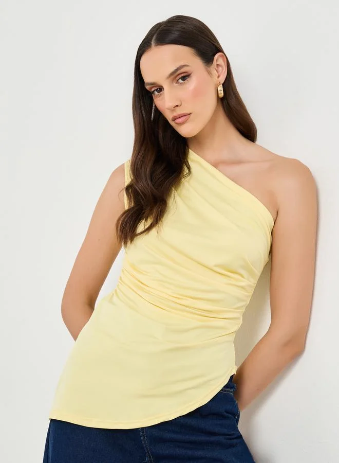 Styli Asymmetrical Neck Gathered Top Yellow