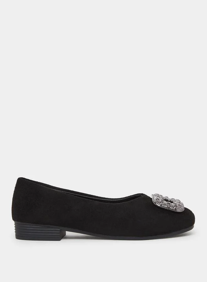 Embellished Buckle Suede Flats Black