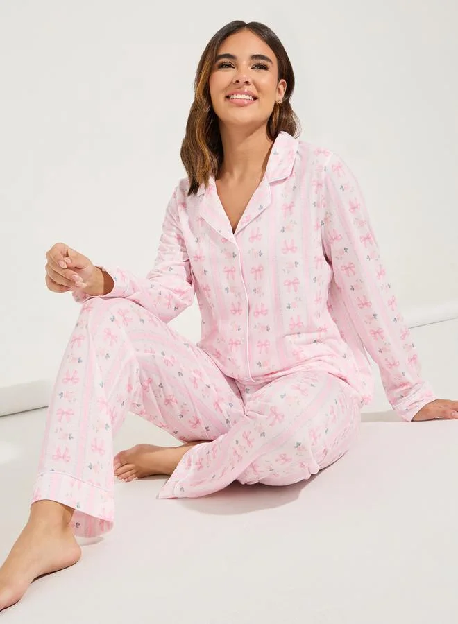 Linear Bow Print Long Sleeve Pyjama Set Pale Pink