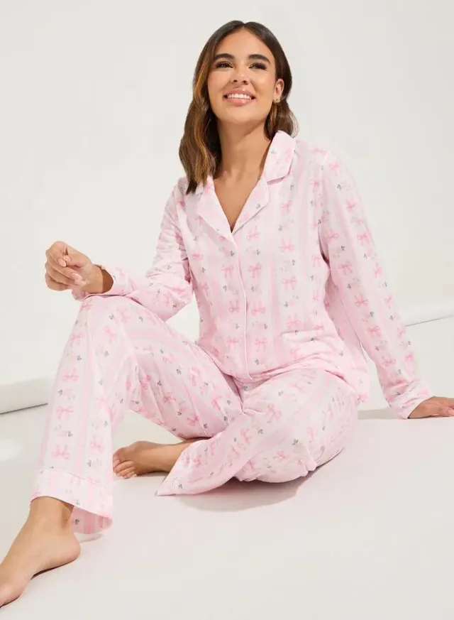 Linear Bow Print Long Sleeve Pyjama Set Pale Pink