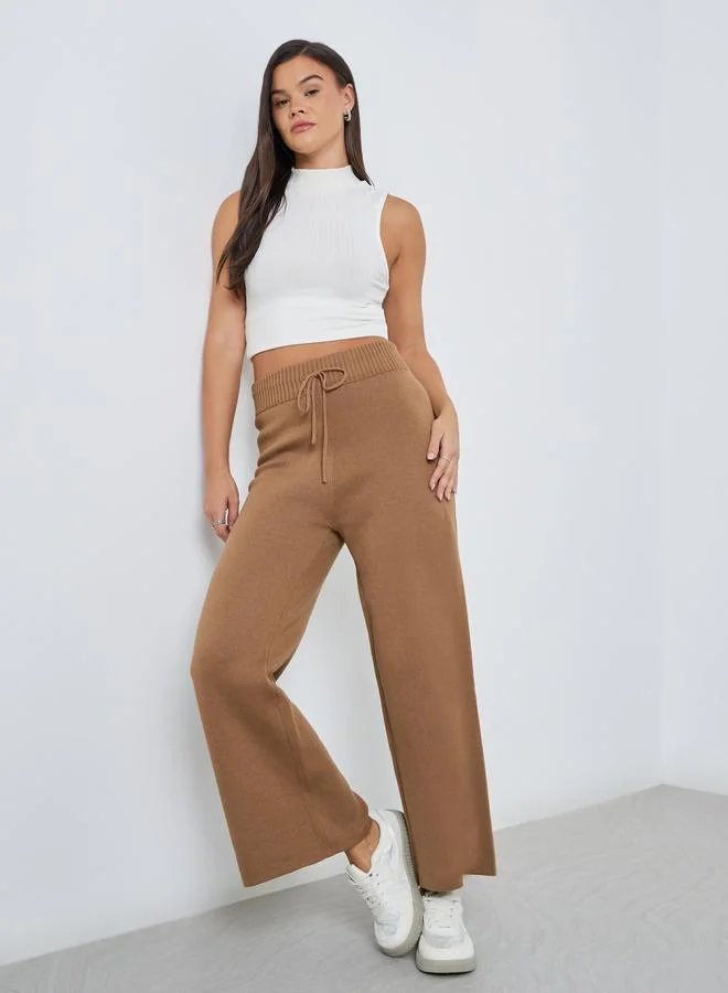 Flat Knit Wide Leg Drawstring Pants - Brown