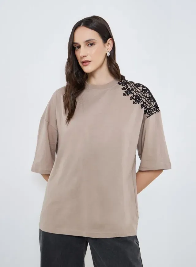 Women's Flocked Oversized T-Shirt Beige