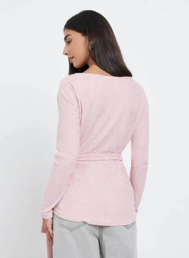 Styli Long Sleeve Wrap Knit Top Pink – image 5