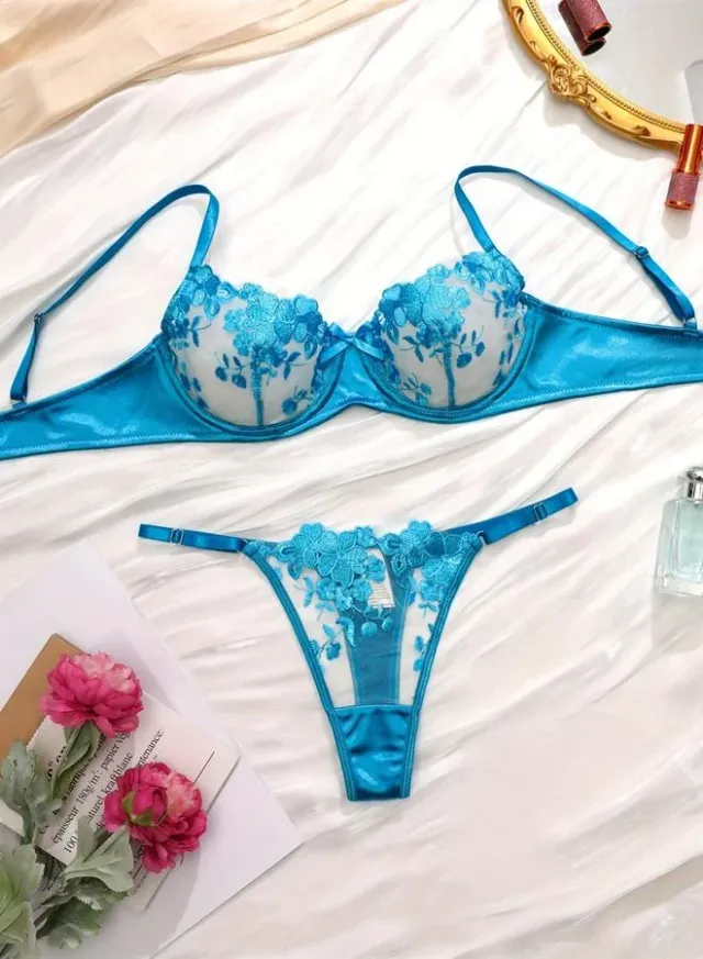 Floral Embroidered Mesh Bra and Brief Set Blue – image 4