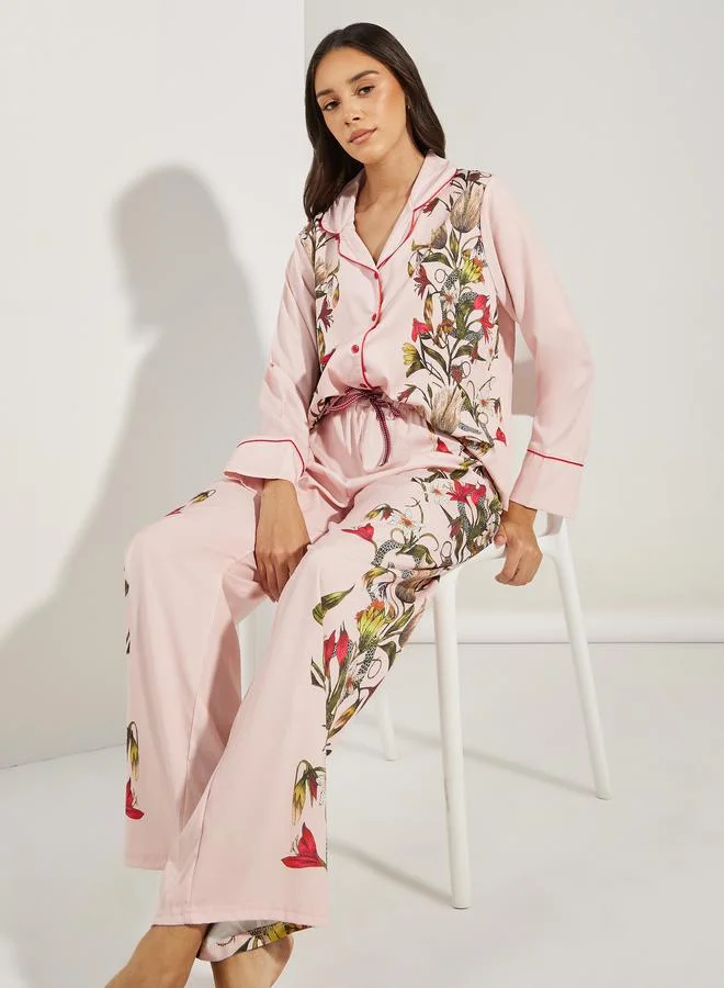 Satin Floral Piped Pyjama Set Pink