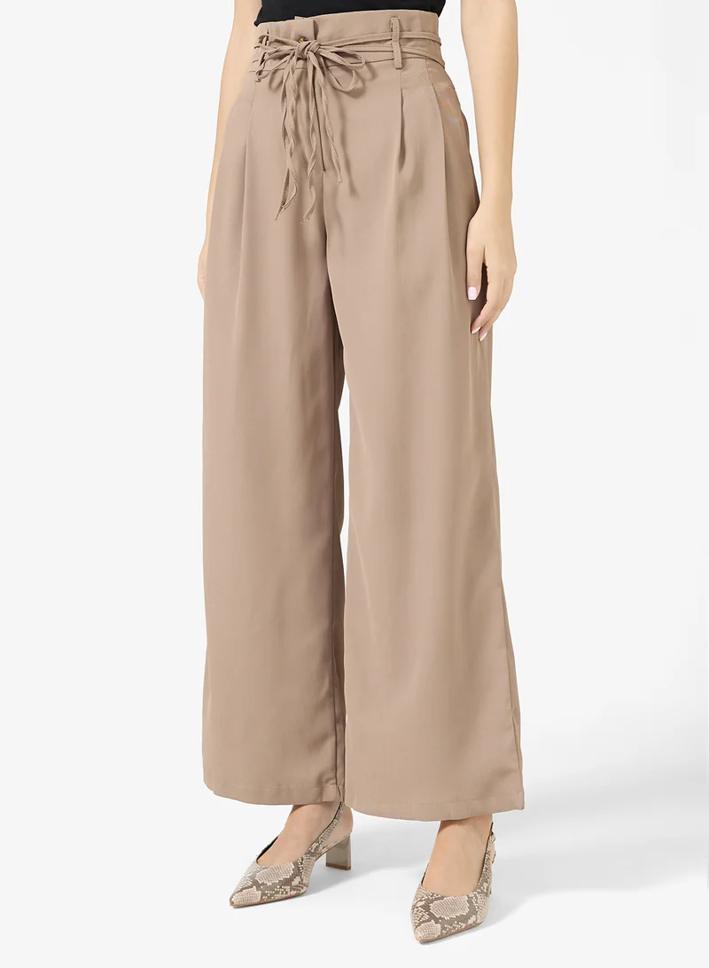 High Waist Tie Detail Trouser Brown