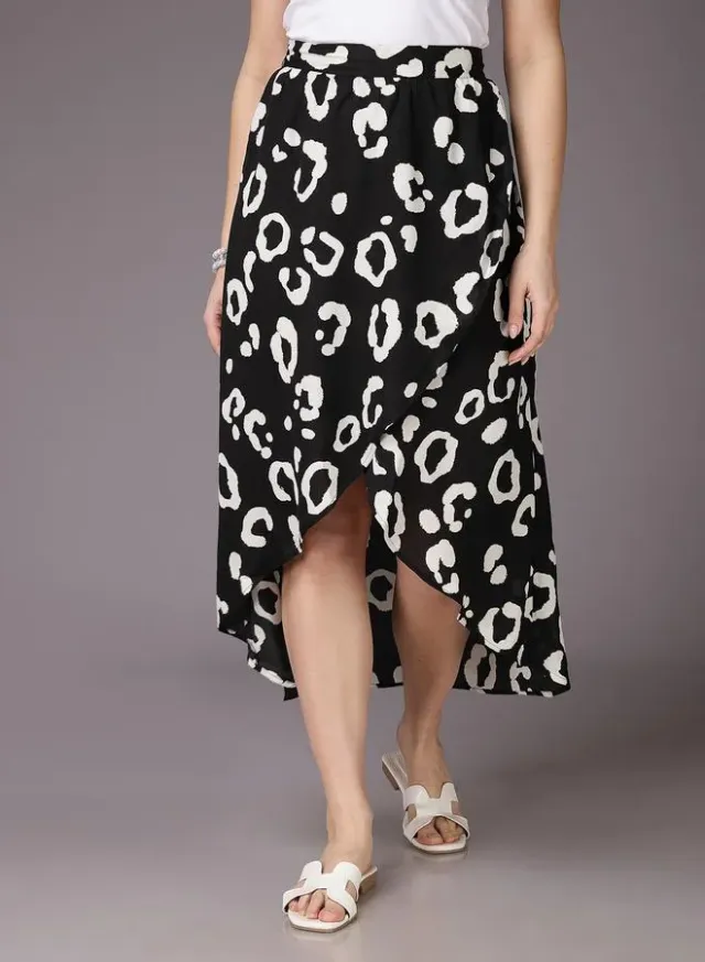 Animal Print Wrap Maxi Skirt Black