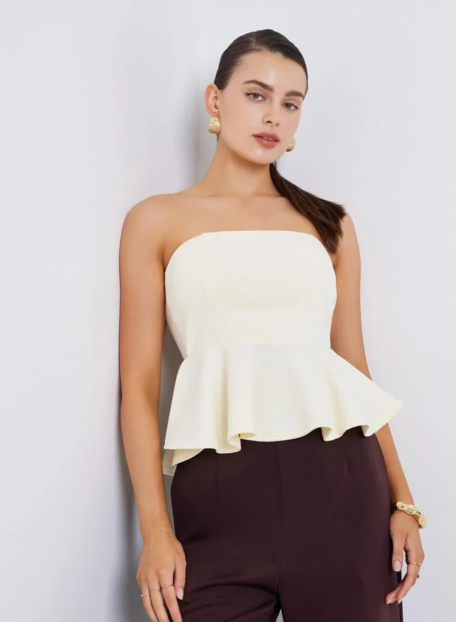 Women Strapless Peplum Top Beige