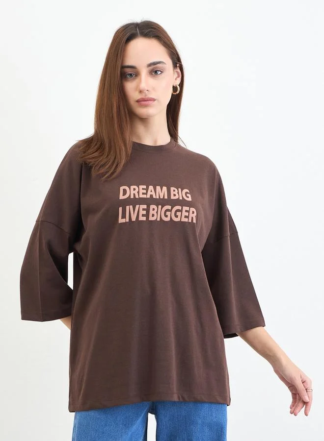 Slogan Embossed Oversized T-Shirt Brown