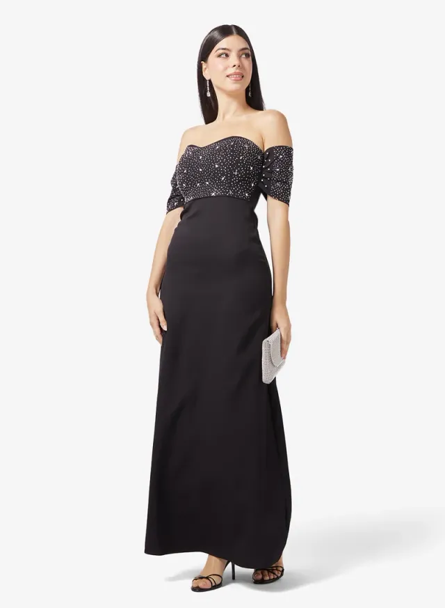 Black Off-Shoulder Maxi Dress with Shimmer Bodice – image 4