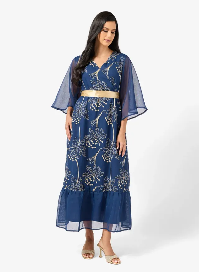 Royal Blue Floral Tiered Maxi Dress with V Neck and 3/4 Sleeves – image 4
