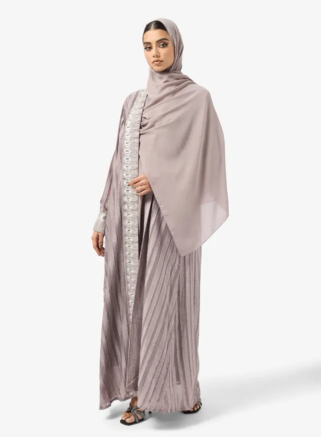 Striped Abaya and Sheila Set - Loose Fit - Pruplish Brown - Hayas Closet – image 5