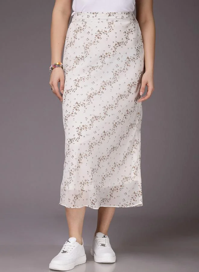 Fitted Ditsy Print Midi Skirt White