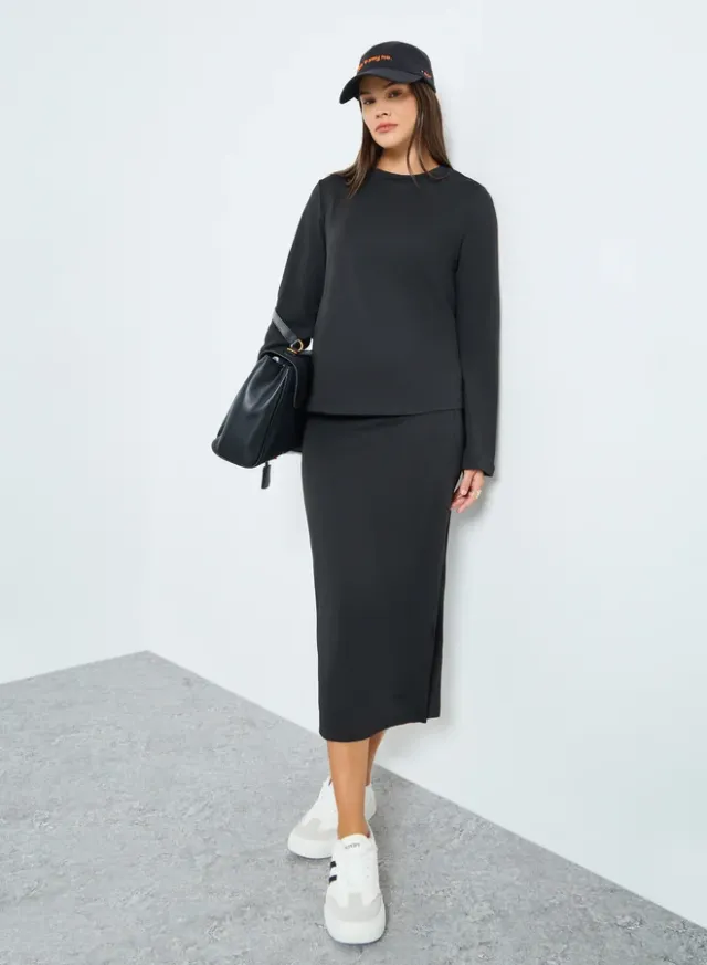 Styli Knit Top and Midi Skirt Co-ord Set Black
