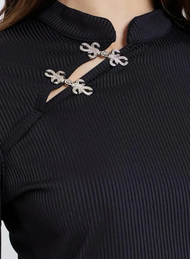 Mandarin Collar Knit Top Black – image 3