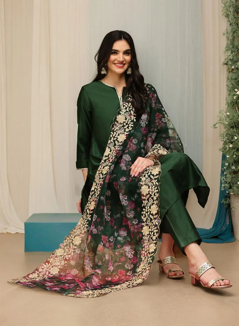 Women's Self Design Palazzo Kurta Set Dark Green
