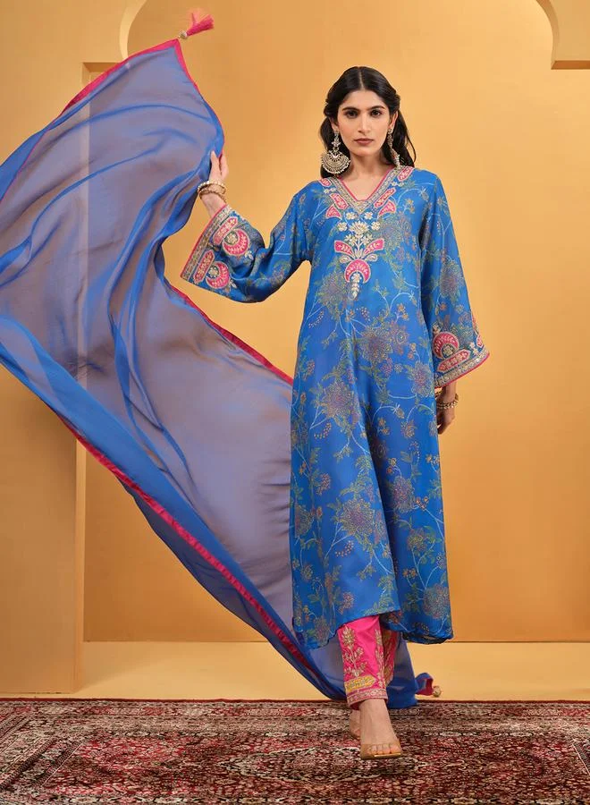 Women's Embellished Cotton Kurta Palazzo Set Blue