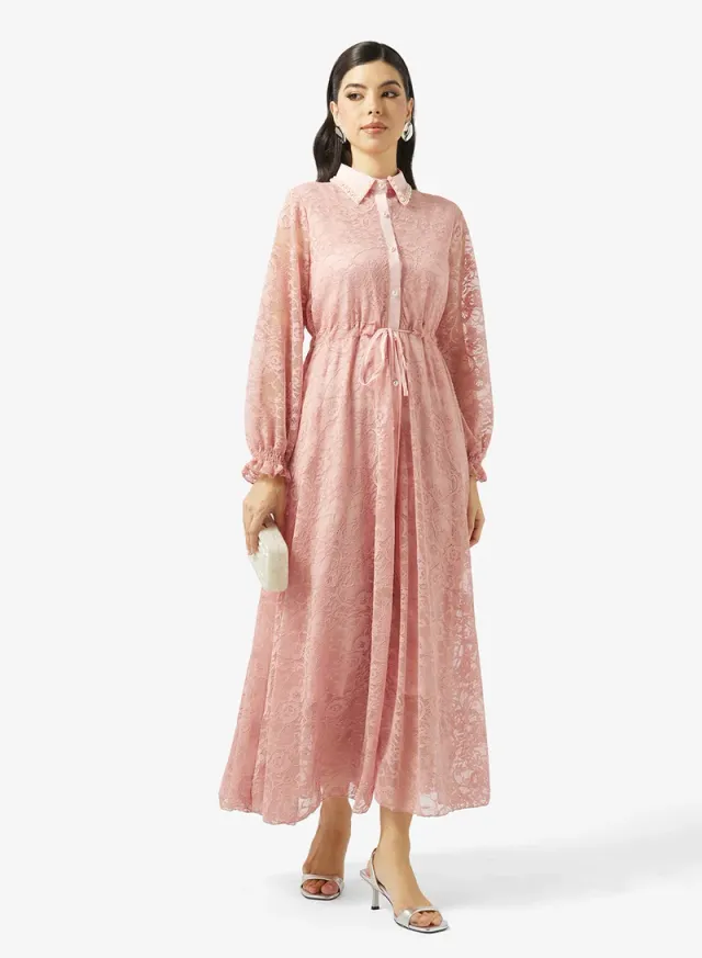 Dusty Pink Textured Maxi Shirt Dress with Collar and Long Sleeves – image 4