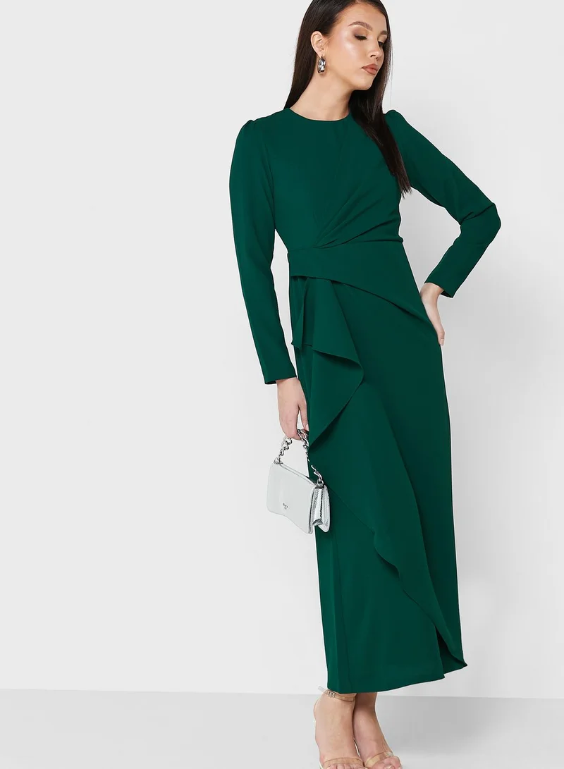 Long Sleeve Ruffled Dress Dark Green