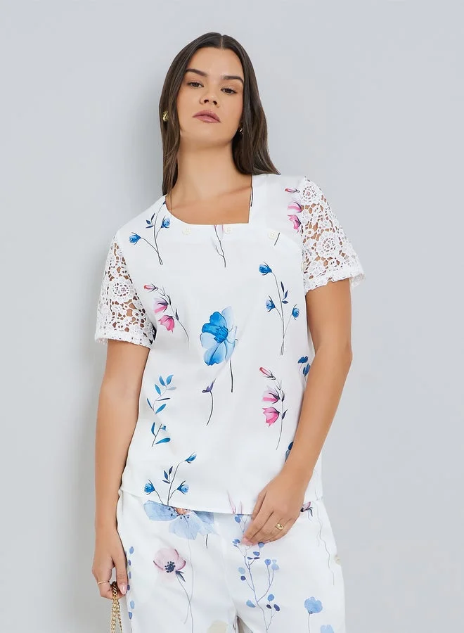 Women's Floral Lace Sleeve Top White
