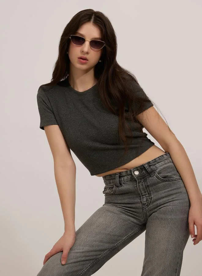 Basic Fitted Ribbed Top Grey