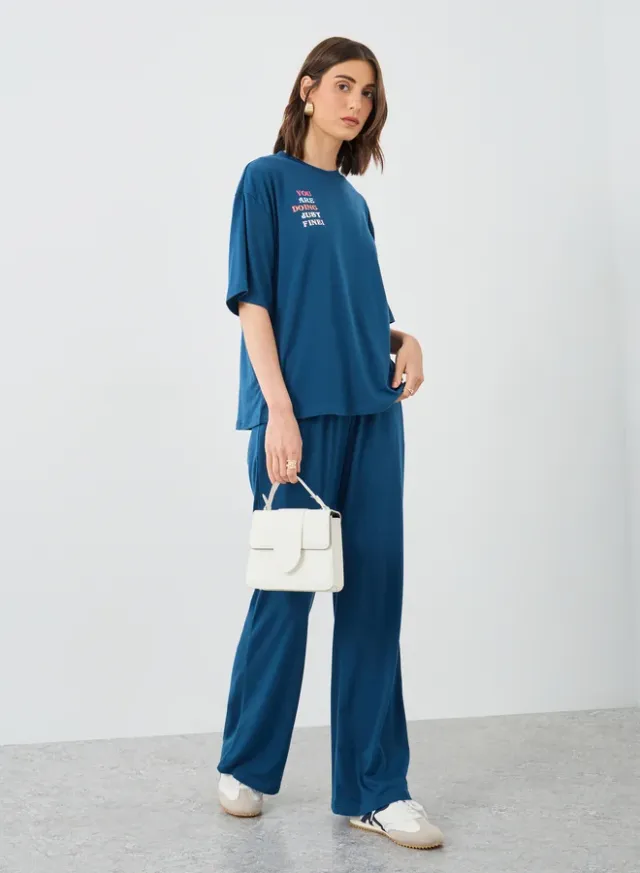 Blue Printed Round Neck T-Shirt and High-Rise Joggers Set – image 2