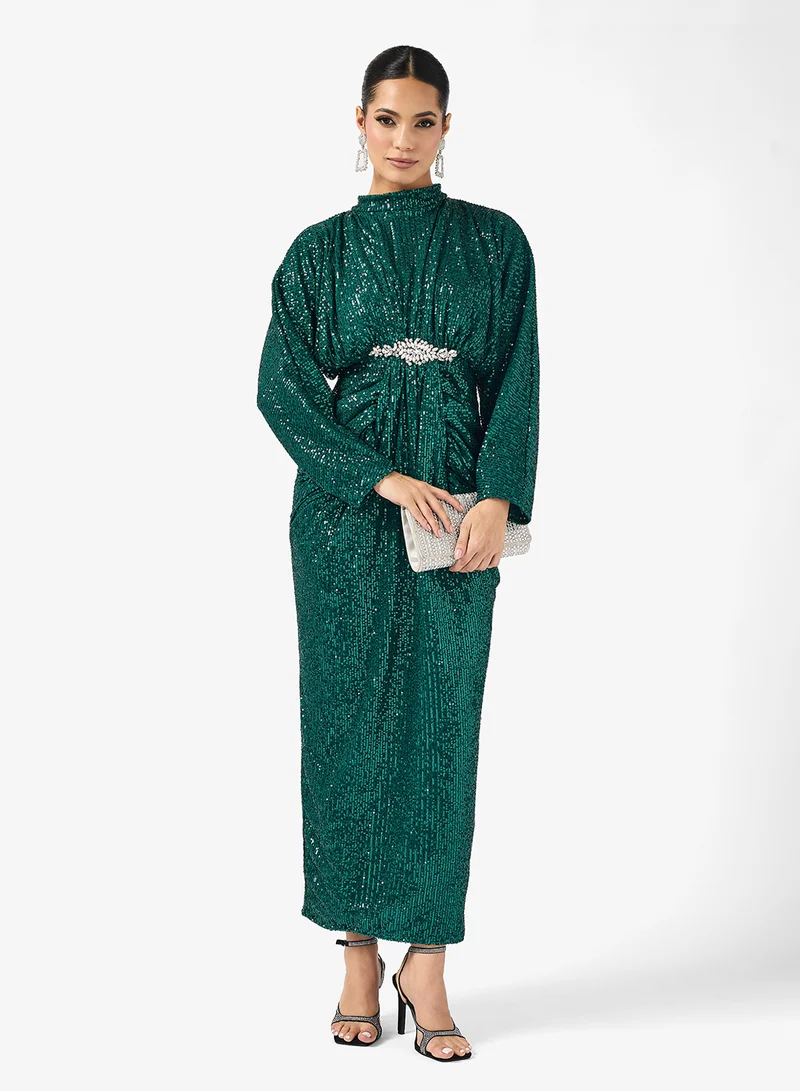 Shimmer Draped Dress Emerald Green