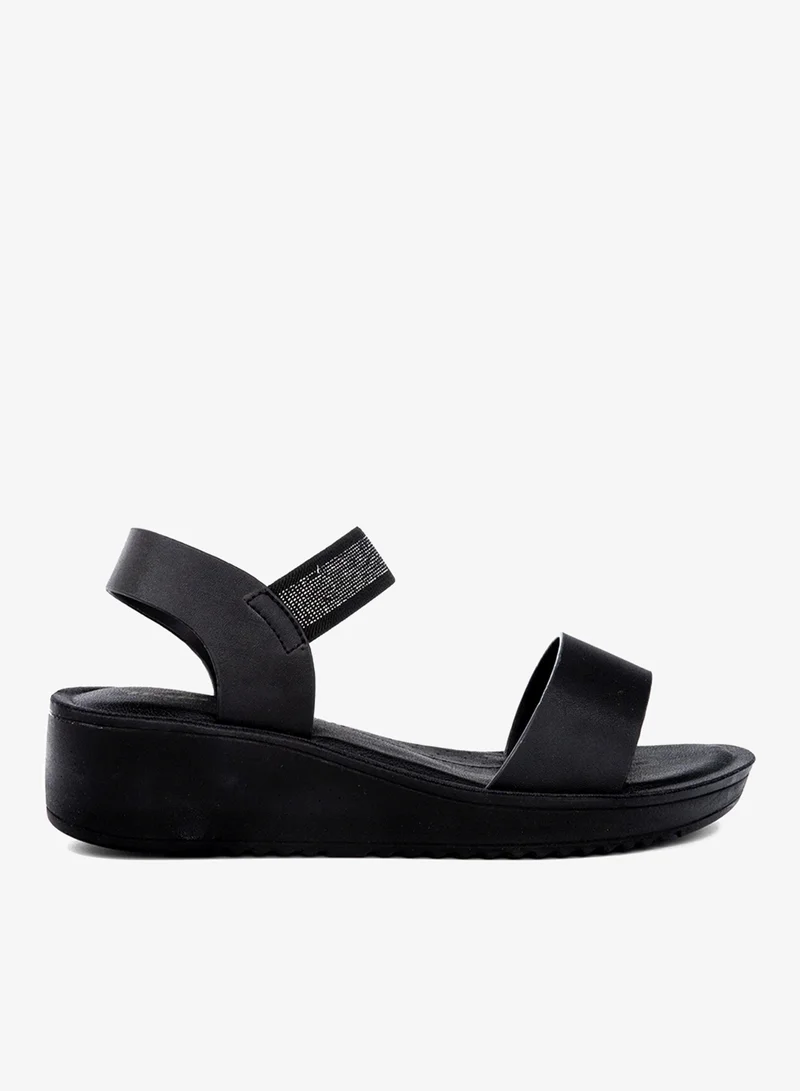 Embellished Elastic Strap Wedge Sandals Black