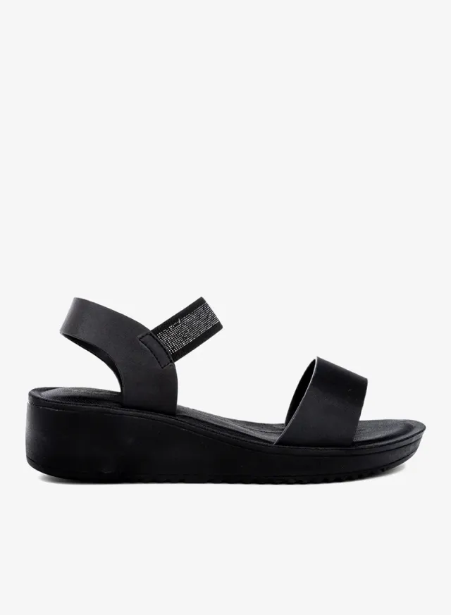 Embellished Elastic Strap Wedge Sandals Black