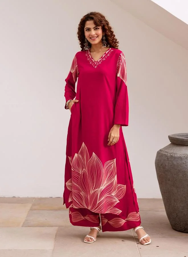Women's Printed Rayon Kurta Palazzo Set - Pink
