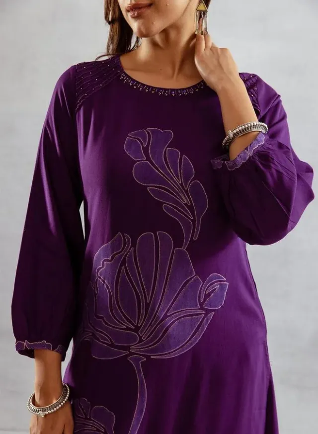 Ishin Women's Deep Purple Rayon Printed 2-Piece Kurta Palazzo Set – image 5